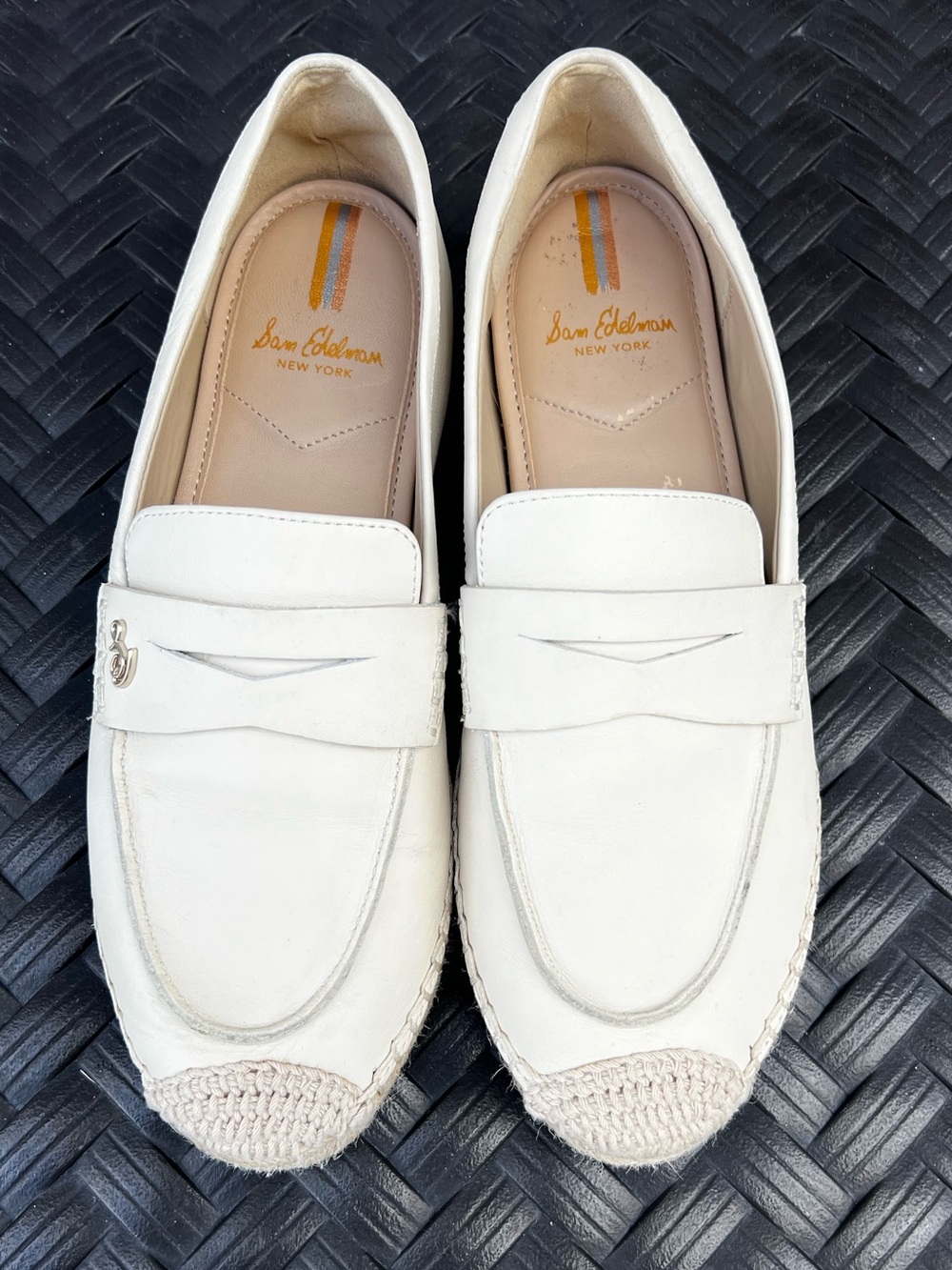 Sam Edelman Cream Leather Penny Loafers with Woven Toe